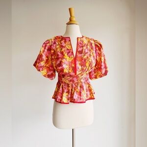 AVARA Puff Sleeve Bright Floral Peplum Blouse XS